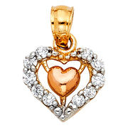 14K Gold CZ Fancy Inside Heart Charm Pendant with 0.9mm Wheat Chain Necklace