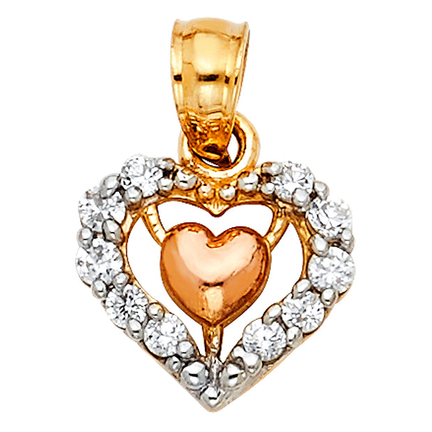 14K Gold CZ Fancy Inside Heart Charm Pendant with 0.9mm Wheat Chain Necklace