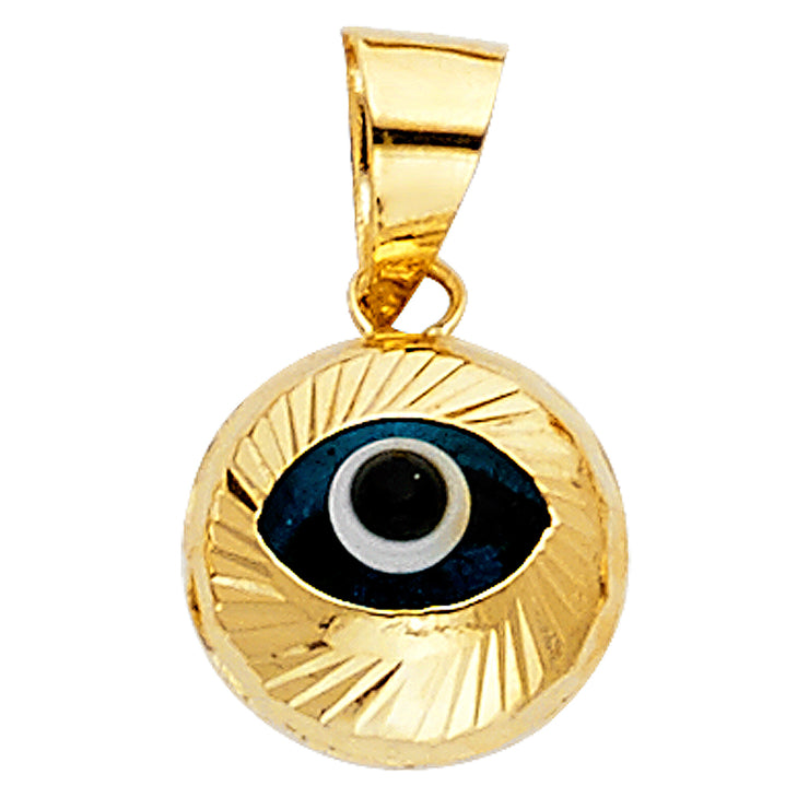 14K Gold Evil Eye Fluted Round Charm Pendant with 1.5mm Flat Open Wheat Chain Necklace