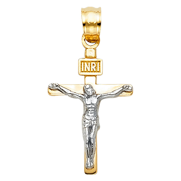 14K Gold Crucifix Cross Pendant with 1.5mm Flat Open Wheat Chain