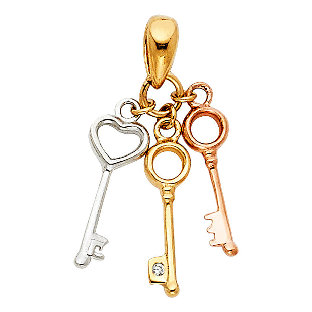 14K Gold Key to My 3 Triple Variety Key Charm Pendant with 0.9mm Wheat Chain Necklace