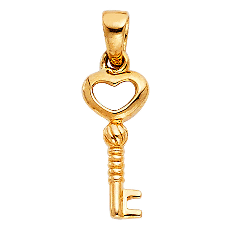 14K Gold Heart Key Charm Pendant with 0.9mm Wheat Chain Necklace