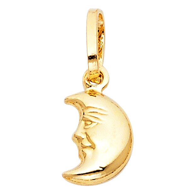 14K Gold Moon Face Charm Pendant with 2mm Figaro 3+1 Chain Necklace