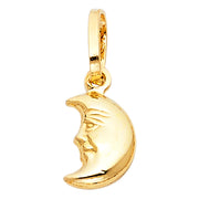 14K Gold Half Moon Face Charm Pendant with 0.9mm Wheat Chain Necklace