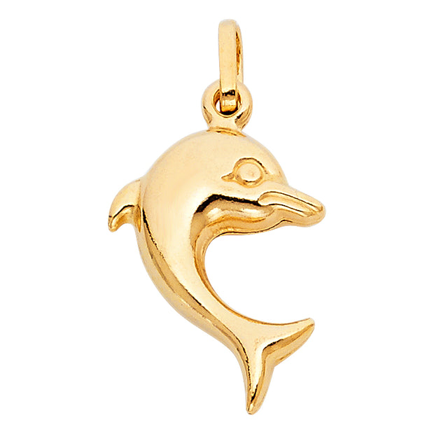14K Gold Jumping Dolphin Prosperity Charm Pendant with 1.1mm Wheat Chain Necklace