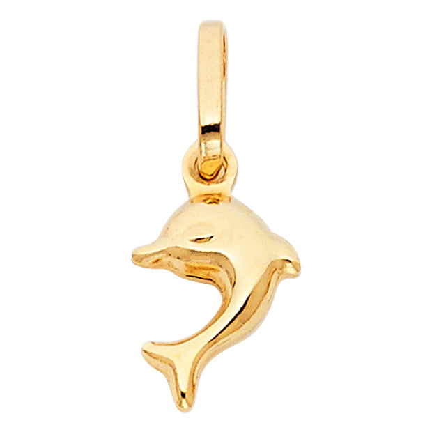 14K Gold Jumping Dolphin Prosperity Charm Pendant with 0.9mm Wheat Chain Necklace