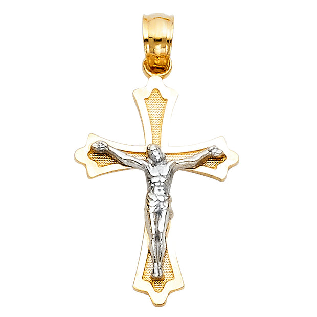 14K Gold Crucifix Cross Pendant with 1.2mm Flat Open Wheat Chain