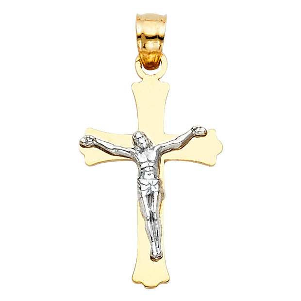 14K Gold Crucifix Cross Pendant with 1.2mm Flat Open Wheat Chain