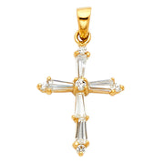 14K Gold Cross Tapered Baguette CZ  Charm Pendant with 1.2mm Flat Open Wheat Chain Necklace