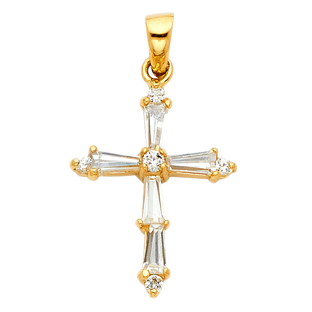 14K Gold Cross Tapered Baguette CZ  Charm Pendant with 1.2mm Flat Open Wheat Chain Necklace