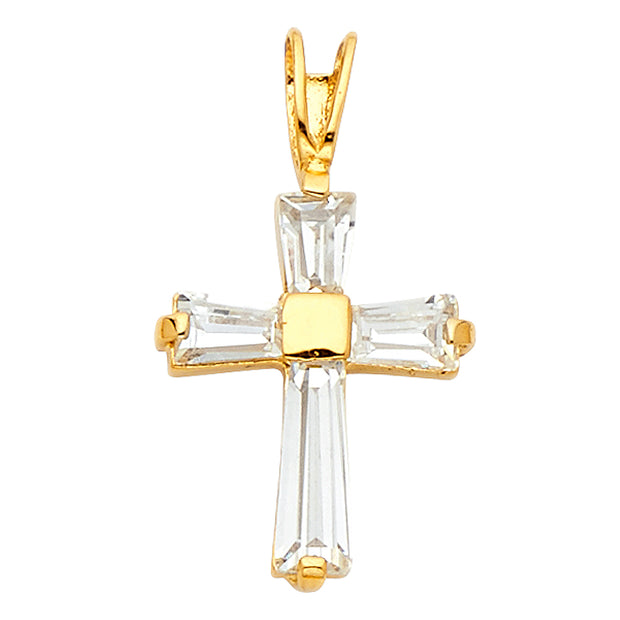 14K White Gold Fancy Cross Tapered Baguette CZ  Charm Pendant with 1.5mm Flat Open Wheat Chain Necklace