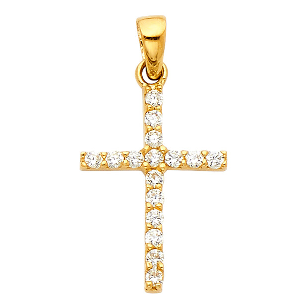 14K White Gold Fancy Cross Round Cut CZ  Charm Pendant with 1.5mm Flat Open Wheat Chain Necklace