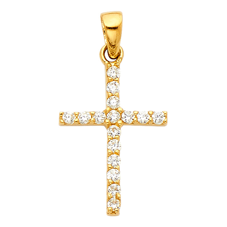 14K White Gold Fancy Cross Round Cut CZ  Charm Pendant with 1.5mm Flat Open Wheat Chain Necklace