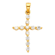 14K White Gold Fancy Cross Round Cut CZ  Charm Pendant with 1.5mm Flat Open Wheat Chain Necklace