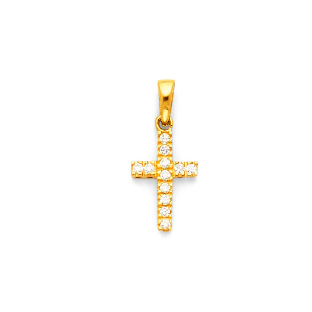 14K White Gold Fancy Cross Round Cut CZ  Charm Pendant with 1.2mm Flat Open Wheat Chain Necklace