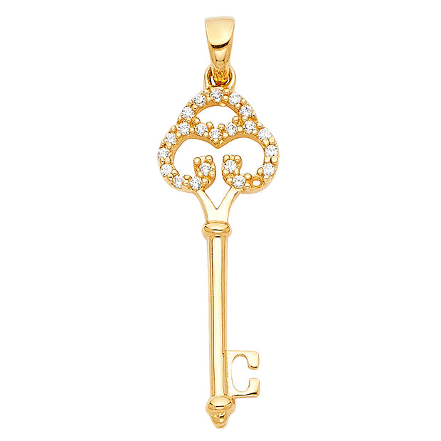 14K Gold Vintage Key CZ Charm Pendant with 1.5mm Flat Open Wheat Chain Necklace