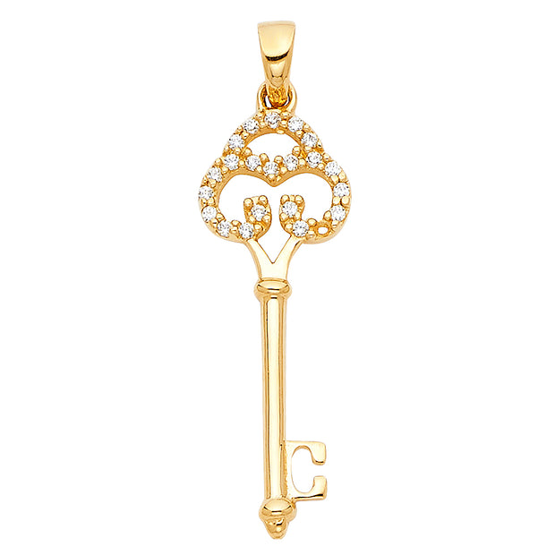 14K Gold Vintage Key CZ Charm Pendant with 1.2mm Singapore Chain Necklace