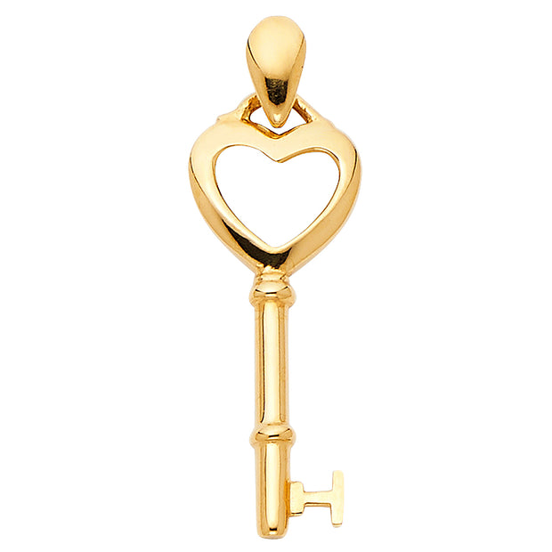 14K Gold Key to My Heart Plain Charm Pendant with 1.5mm Flat Open Wheat Chain Necklace