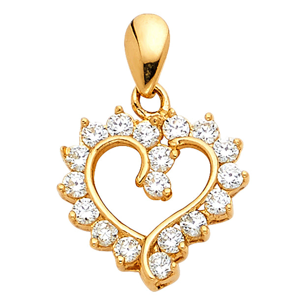 14K Gold Open Fancy Heart Round Cut CZ Charm Pendant with 1.2mm Singapore Chain Necklace