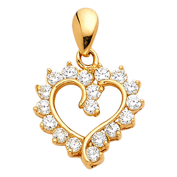 14K Gold Open Fancy Heart Round Cut CZ Charm Pendant with 2mm Figaro 3+1 Chain Necklace
