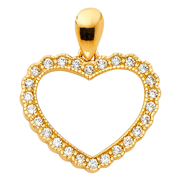 14K Gold Open Fancy Heart Round Cut CZ Charm Pendant with 1.2mm Singapore Chain Necklace