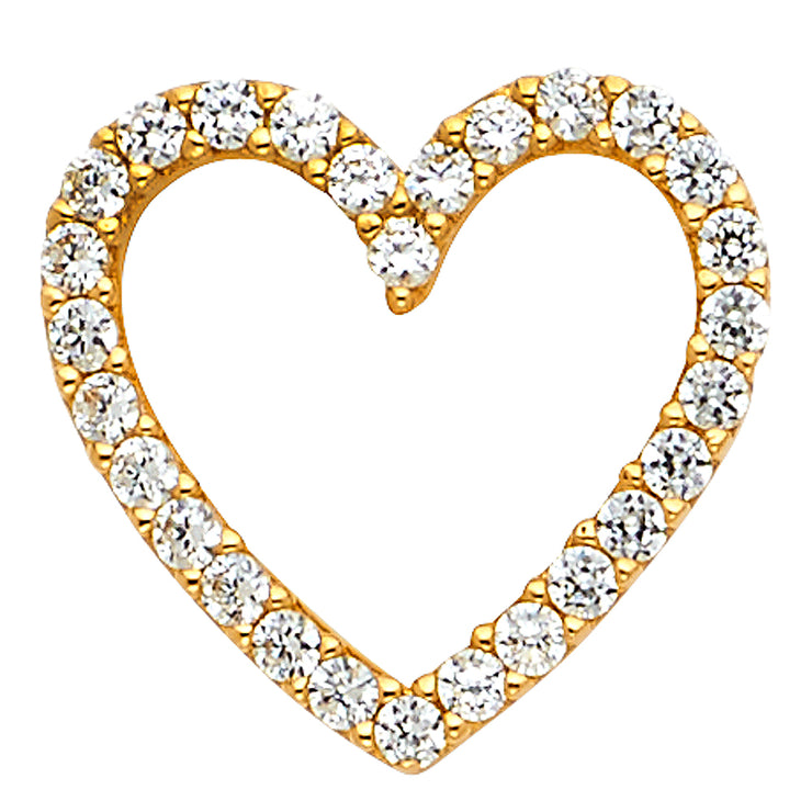 14K Gold Open Fancy Heart Round Cut CZ Charm Pendant with 1.2mm Flat Open Wheat Chain Necklace