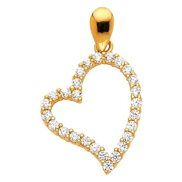 14K Gold Open Tilted Heart Round Cut CZ Charm Pendant with 1.2mm Flat Open Wheat Chain Necklace