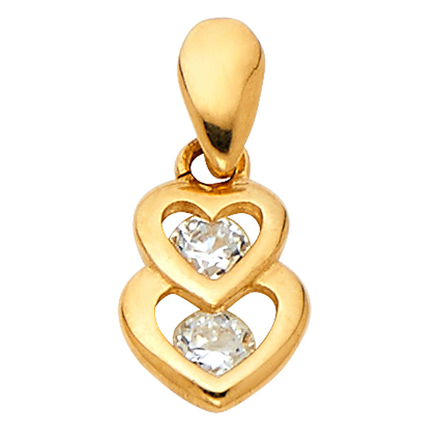 14K Gold Dual Interlocking Hearts CZ Charm Pendant with 1.6mm Figaro 3+1 Chain Necklace