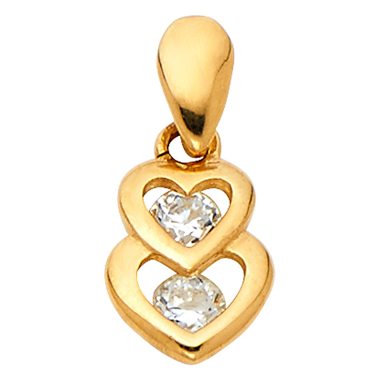 14K Gold Dual Interlocking Hearts CZ Charm Pendant with 1.6mm Figaro 3+1 Chain Necklace