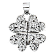 14K Gold Four Hearts Clover CZ Pendant with 1.3mm Flat Open Wheat Chain