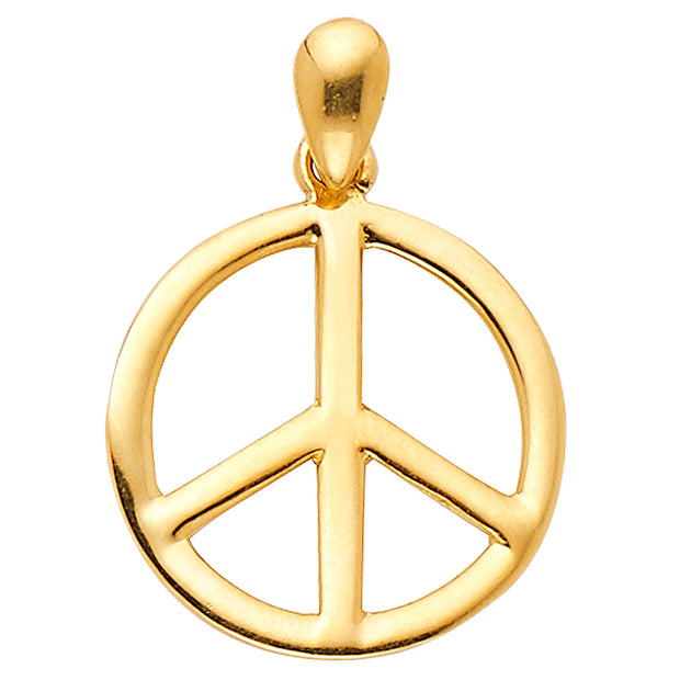 14K Gold Peace Sign CZ Charm Pendant with 1.2mm Flat Open Wheat Chain Necklace