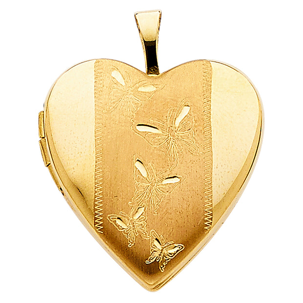 14K Gold Engraved Heart With Butterfly Locket Charm Pendant with 1.5mm Flat Open Wheat Chain Necklace