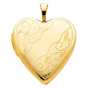 14K Gold Engraved Heart Locket Charm Pendant with 1.5mm Flat Open Wheat Chain Necklace