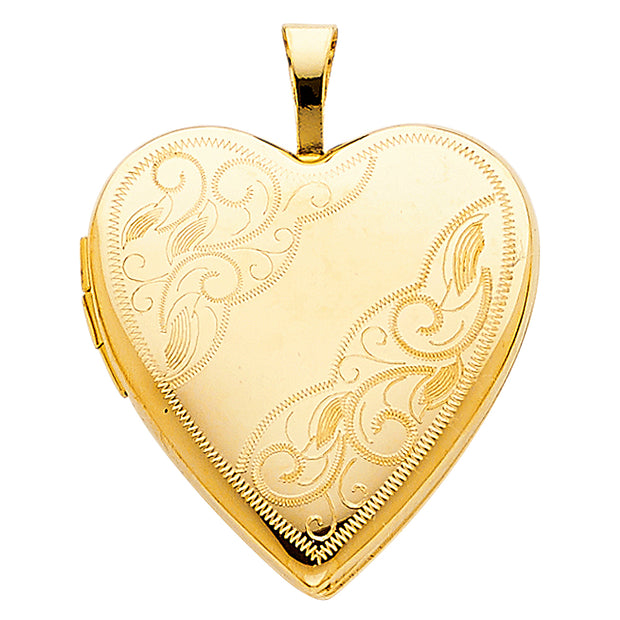 14K Gold Engraved Heart Locket Charm Pendant with 1.2mm Singapore Chain Necklace