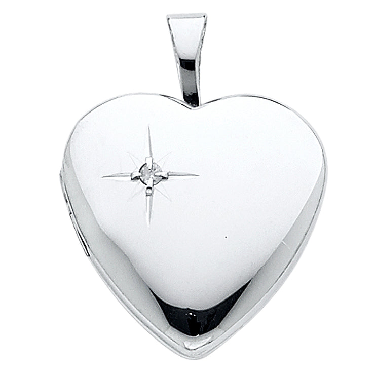 14K Gold Heart With CZ Locket Pendant with 1.3mm Flat Open Wheat Chain