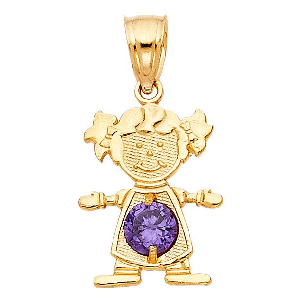 14K Gold February Birthstone CZ Girl Charm Pendant with 2mm Figaro 3+1 Chain Necklace