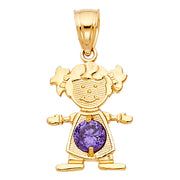 14K Gold February Birthstone CZ Girl Charm Pendant with 0.9mm Singapore Chain Necklace