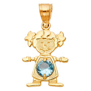 14K Gold March Birthstone CZ Girl Charm Pendant with 0.9mm Singapore Chain Necklace