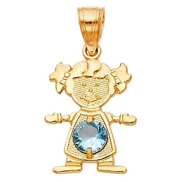14K Gold March Birthstone CZ Girl Charm Pendant with 0.9mm Singapore Chain Necklace