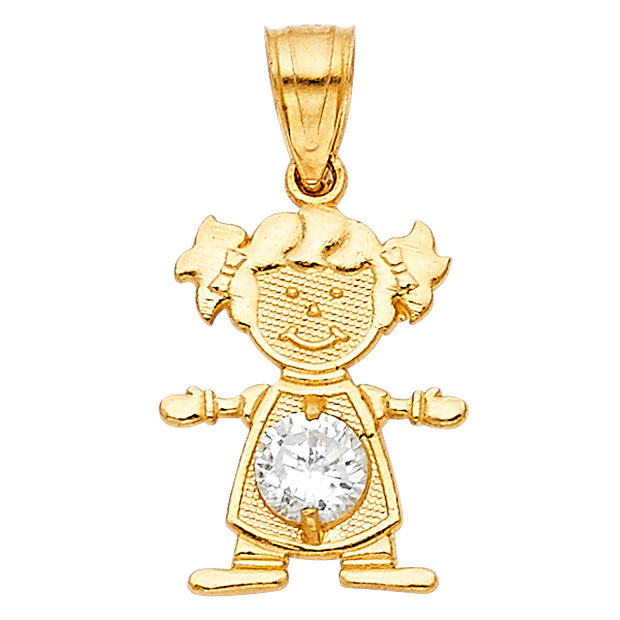 14K Gold April Birthstone CZ Girl Charm Pendant with 0.9mm Singapore Chain Necklace