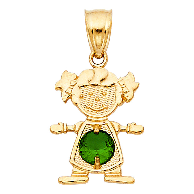 14K Gold May Birthstone CZ Girl Charm Pendant with 0.9mm Singapore Chain Necklace