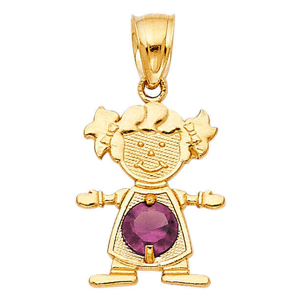14K Gold June Birthstone CZ Girl Charm Pendant with 0.9mm Singapore Chain Necklace