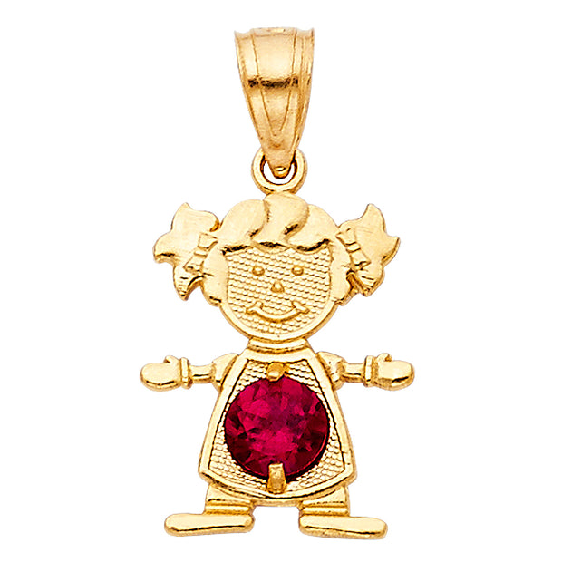 14K Gold July Birthstone CZ Girl Charm Pendant with 0.9mm Singapore Chain Necklace