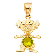 14K Gold August Birthstone CZ Girl Charm Pendant with 2mm Figaro 3+1 Chain Necklace