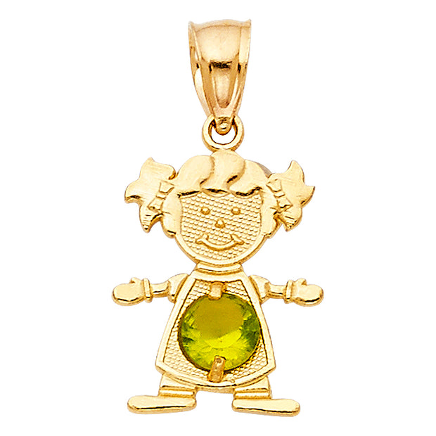 14K Gold August Birthstone CZ Girl Charm Pendant with 2mm Figaro 3+1 Chain Necklace