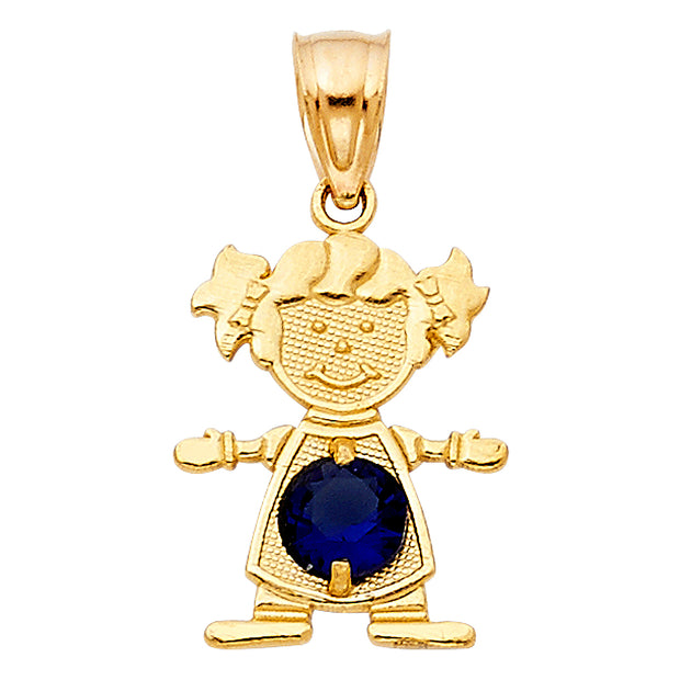 14K Gold September Birthstone CZ Girl Charm Pendant with 2mm Figaro 3+1 Chain Necklace