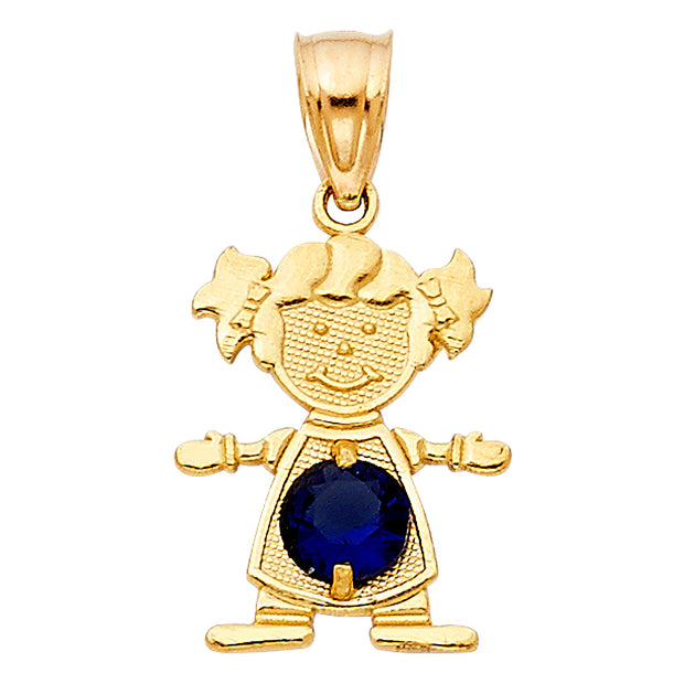 14K Gold September Birthstone CZ Girl Charm Pendant with 0.9mm Singapore Chain Necklace