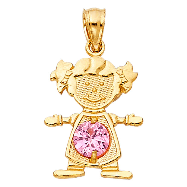 14K Gold October Birthstone CZ Girl Charm Pendant with 2mm Figaro 3+1 Chain Necklace