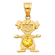 14K Gold November Birthstone CZ Girl Charm Pendant with 2mm Figaro 3+1 Chain Necklace