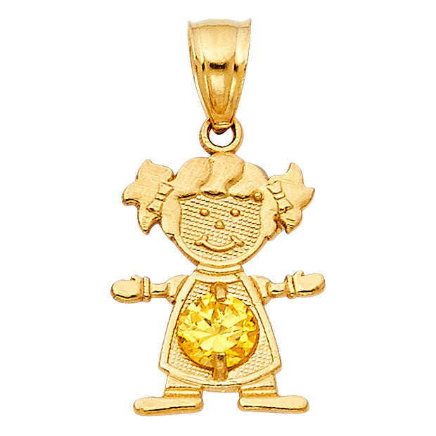 14K Gold November Birthstone CZ Girl Charm Pendant with 2mm Figaro 3+1 Chain Necklace